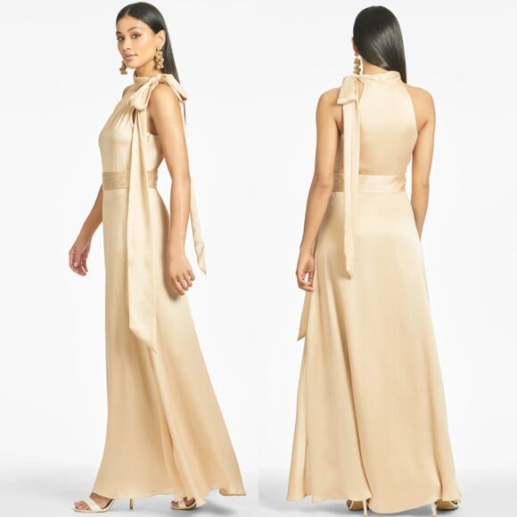 SACHIN & BABI Kayla Champagne Tie Neck Maxi Crinkle Dress Size 6 - Picture 3 of 9